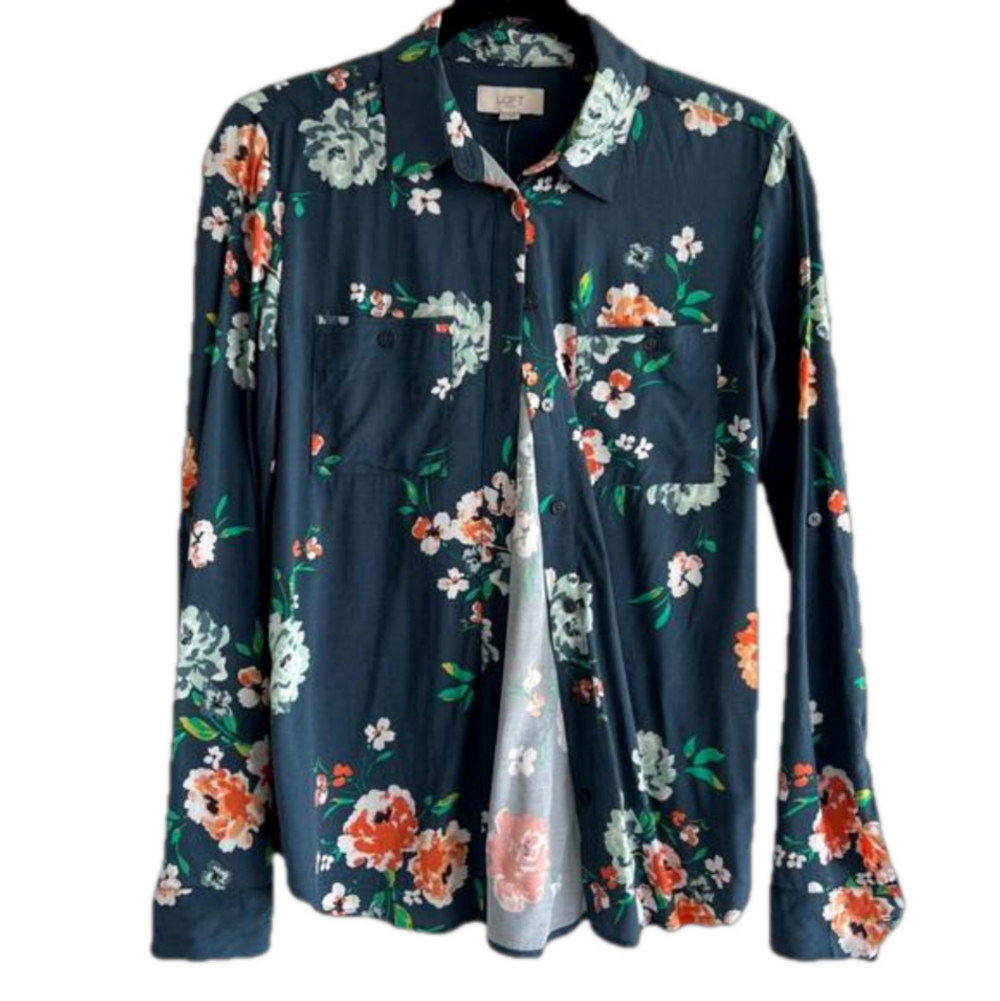 NWT LOFT Blue Floral Button-Down Shirt - Size S